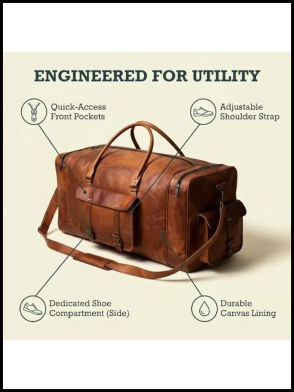 Handmade Leather Duffle Bag for Men Women Travel Weekender Carry On Cabin